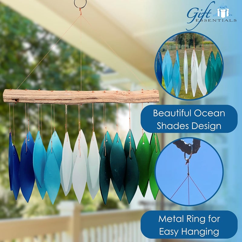 Gift Essentials Blue Handworks Gradient Ocean Waterfall & Driftwood Glass Leaves Chime - Sandblasted Glass and Found Wood Handcrafted Wind Chime - Image 2